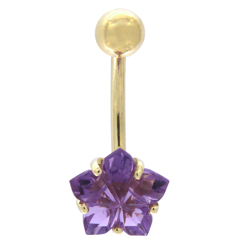 18k Gold Prong Set Jeweled Bananabell with Amethyst Crystal AAA Navel