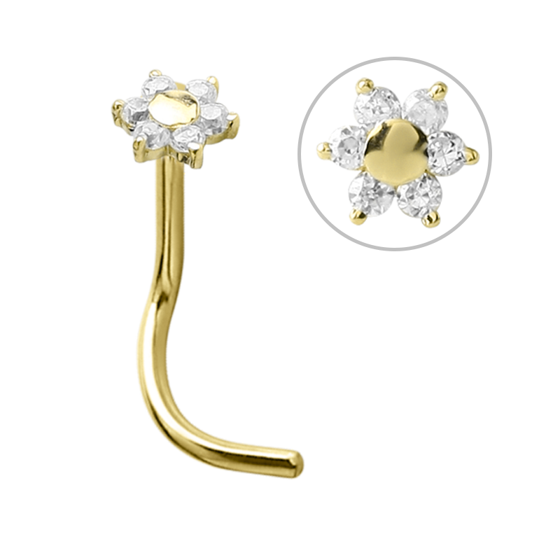 18k Gold Flower Nose Stud with Cubic Zirconia Nostril e Cerchi