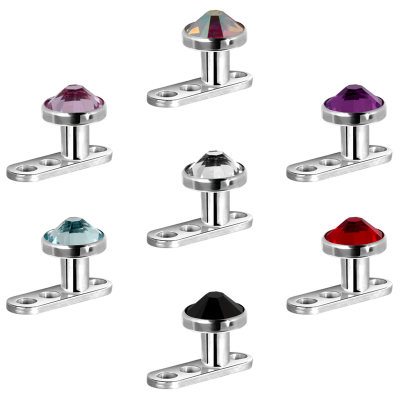 Titanium 3 Hole Dermal Anchor with Jewelled Disc (1.2mm Internally Threaded) Microdermal, Skin Diver & Surface Bar
