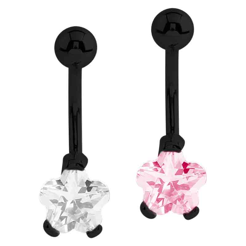 Black Steel Bananabell with 8mm Flower Cubic Zirconia Prong Set Ombelico