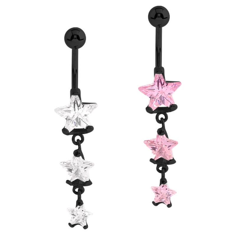 Black Steel Bananabell with Triple Star Cubic Zirconia Prong Set Pendent Ombelico