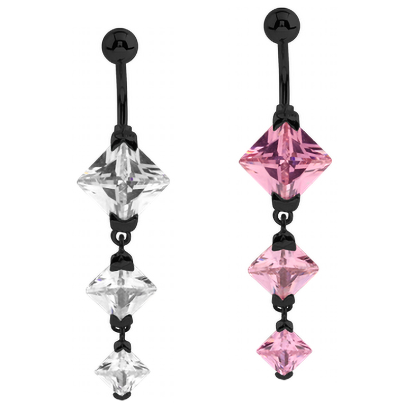 Black Steel Bananabell with Triple Square Cubic Zirconia Prong Set Pendent Ombelico