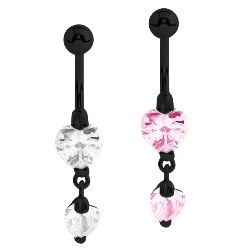 Black Steel Bananabell with 8 and 5mm Heart Cubic Zirconia Prong Set Pendent Ombelico