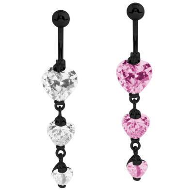 Black Steel Bananabell with Triple Heart Cubic Zirconia Prong Set Pendent Navel