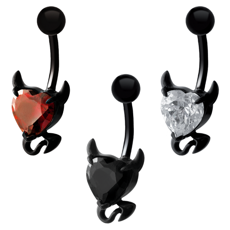 Black Steel Bananabell Devil Heart with Prong Set Cubic Zirconia Ombelico