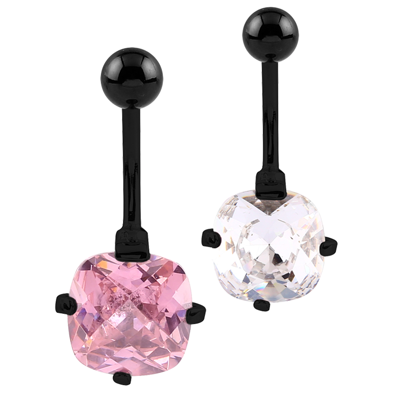 Black Steel Bananabell with 10mm Cushion Cubic Zirconia Prong Set Navel