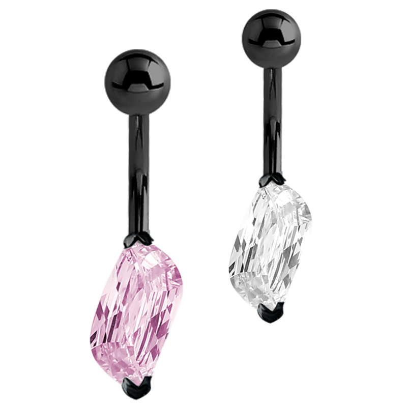 Black Steel Bananabell with Leaf Cubic Zirconia Prong Set Ombelico