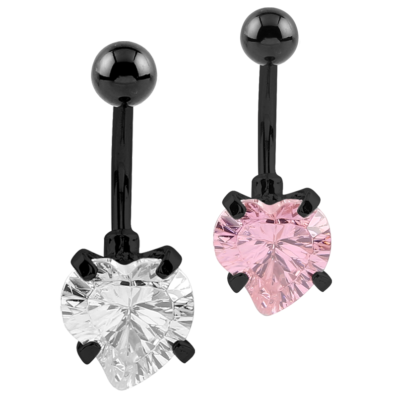 Black Steel Bananabell with 10mm Heart Cubic Zirconia Prong Set Navel
