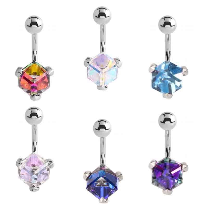 Steel Bananabell with Cube Cubic Zirconia Prong Set Ombelico