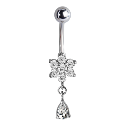 Steel Bananabell with Cubic Zirconia Flower and Dangling Drop Ombelico