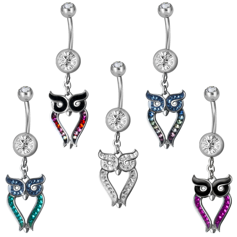 Steel Dangling Double Jewelled Bananabell with Owl (Gloss Finish) Ombelico