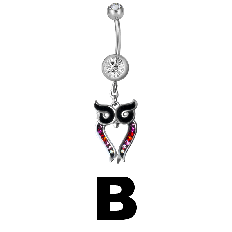 Steel Dangling Double Jewelled Bananabell with Owl (Gloss Finish) Ombelico