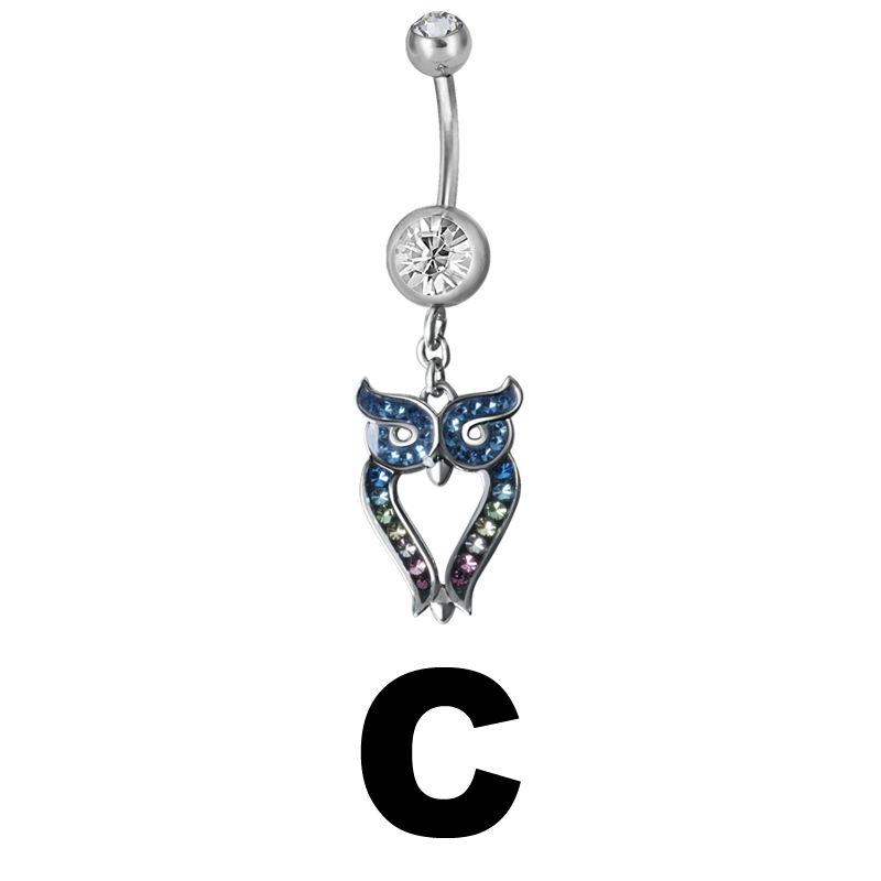 Steel Dangling Double Jewelled Bananabell with Owl (Gloss Finish) Ombelico