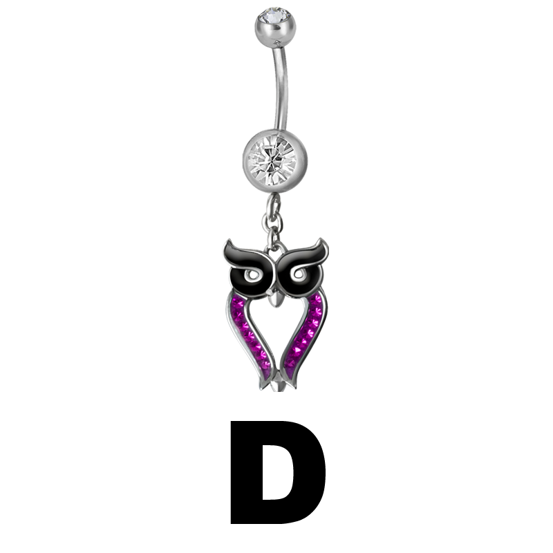 Steel Dangling Double Jewelled Bananabell with Owl (Gloss Finish) Ombelico