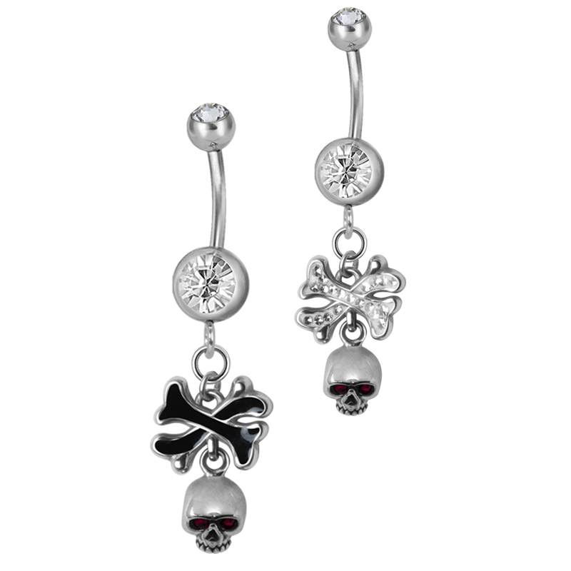Steel Dangling Double Jewelled Bananabell with Skull & Cross Bone Ombelico