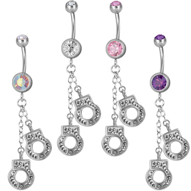 Steel Dangling Double Jewelled Bananabell with Handcuffs Ombelico