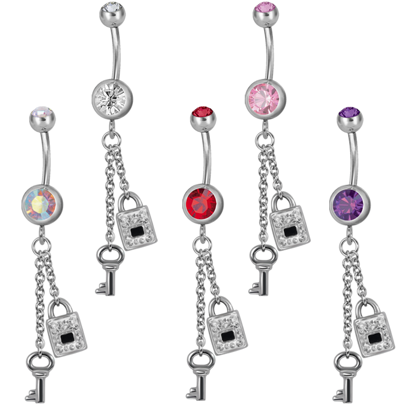 Steel Dangling Double Jewelled Bananabell with Key-Lock Ombelico