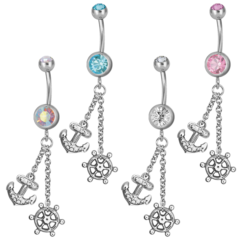 Steel Dangling Double Jewelled Bananabell with Anchor Ombelico