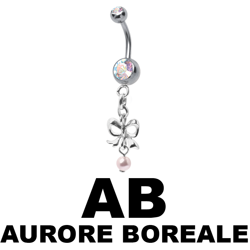 Steel Dangling Double Jewelled Bananabell with Bow and Pearl Ombelico