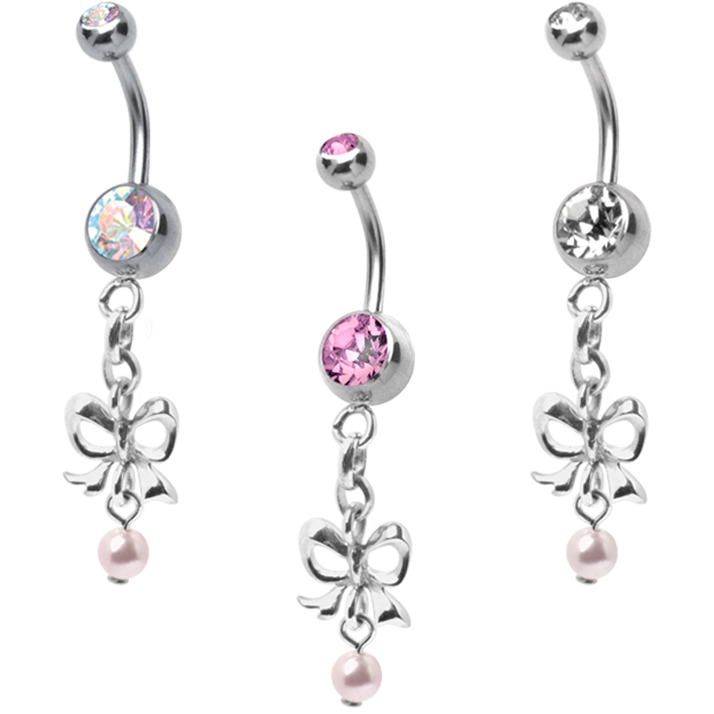 Steel Dangling Double Jewelled Bananabell with Bow and Pearl Ombelico