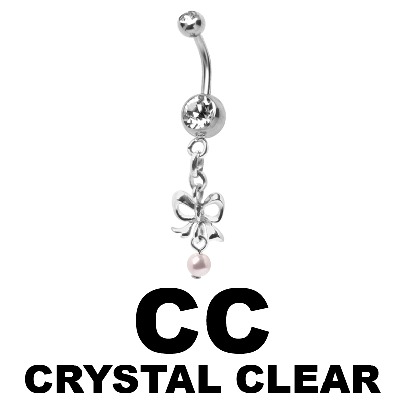 Steel Dangling Double Jewelled Bananabell with Bow and Pearl Ombelico