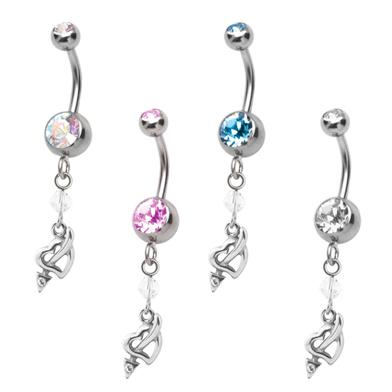 Steel Dangling Double Jewelled Bananabell with Heart Ombelico