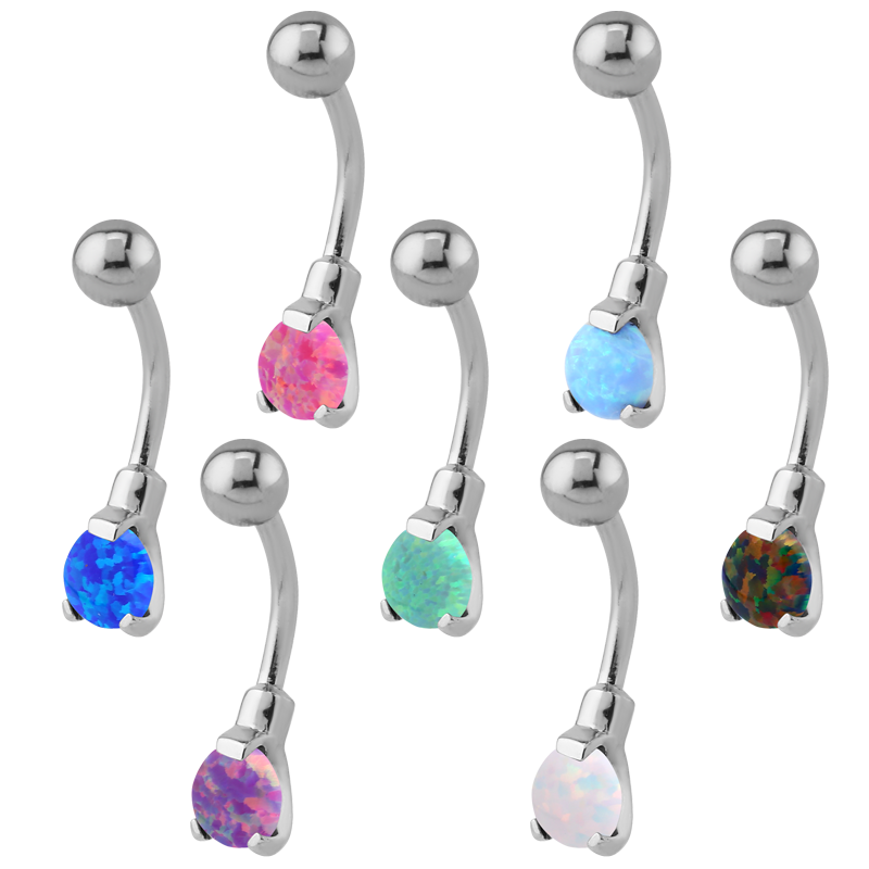 Surgical Steel Round Prong Set Synthetic Opal Bananabell with 4/6mm Ball Ombelico