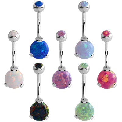 Surgical Steel Double Round Prong Set Synthetic Opal Bananabell with 4/6mm Ball Ombelico
