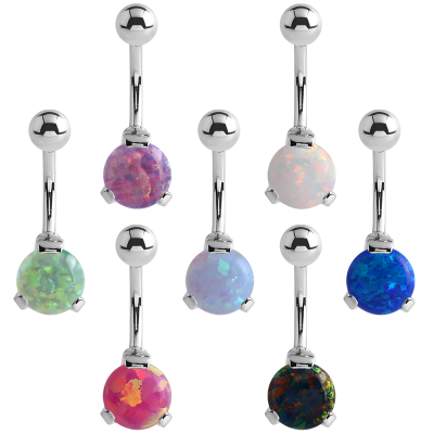 Surgical Steel Round Prong Set Synthetic Opal Bananabell with 5/8mm Ball Ombelico