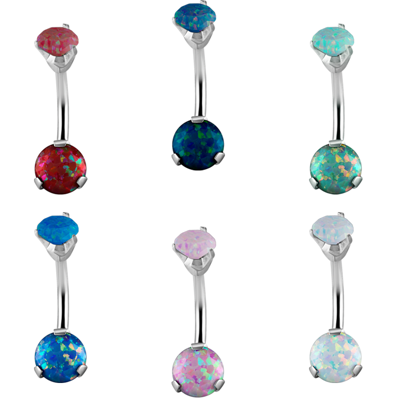 Surgical Steel Double Round Prong Set Synthetic Opal Bananabell with 4/6mm Ball Ombelico