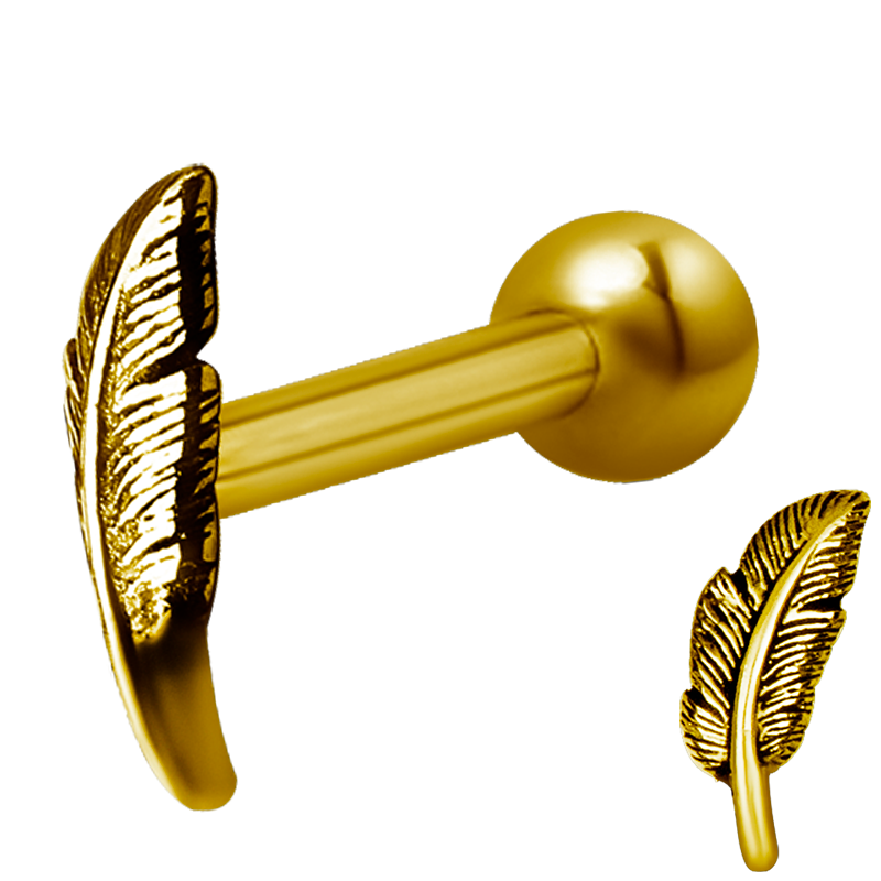 Gold Steel One Side Internally Threaded Micro Barbell Feather Orecchio