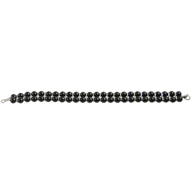 Double Line Black Onyx Beads Bracelet With Steel Element Bracciali