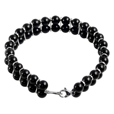 Double Line Black Onyx Beads Bracelet With Steel Element Bracciali