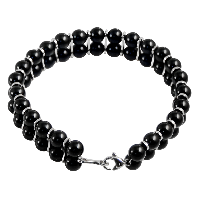 Double Line Black Onyx Beads Bracelet With Steel Element Bracciali