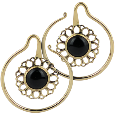 Yellow Brass Flower Hoop Spiral Earrings with Onyx (Price for Pair) Orecchio