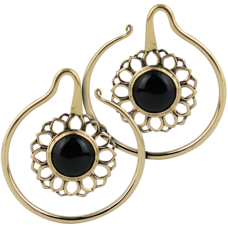 Yellow Brass Flower Hoop Spiral Earrings with Onyx (Price for Pair) Orecchio