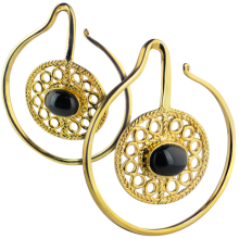 Yellow Brass Hoop Spiral Earrings with Oval Onyx (Price for Pair)