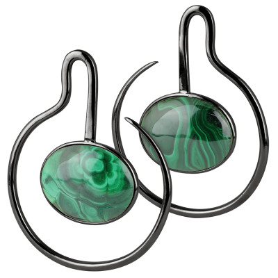 Black Brass Hoop Earrings with Oval Malachite Cabochon (Price for Pair) Pendenti da Orecchio