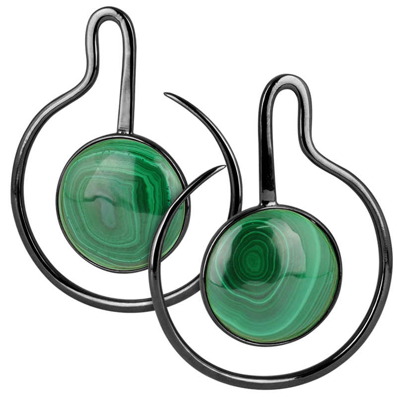 Black Brass Hoop Earrings with Round Malachite Cabochon (Price for Pair) Pendenti da Orecchio