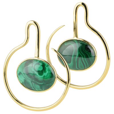 Yellow Brass Hoop Earrings with Oval Malachite Cabochon (Price for Pair) Pendenti da Orecchio