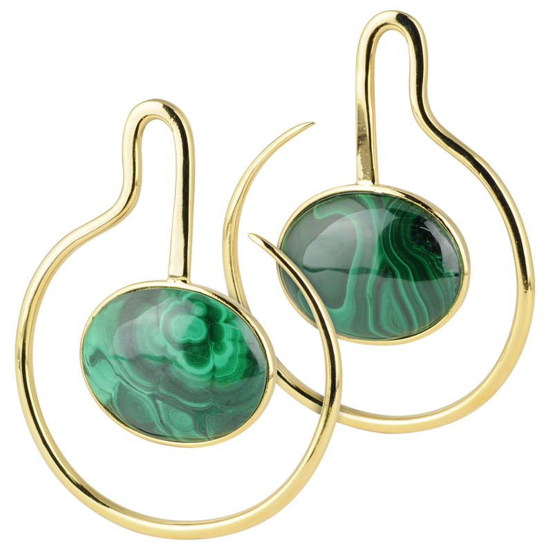 Yellow Brass Hoop Earrings with Oval Malachite Cabochon (Price for Pair) Pendenti da Orecchio