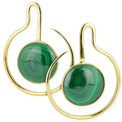 Yellow Brass Hoop Earrings with Round Malachite Cabochon (Price for Pair) Pendenti da Orecchio