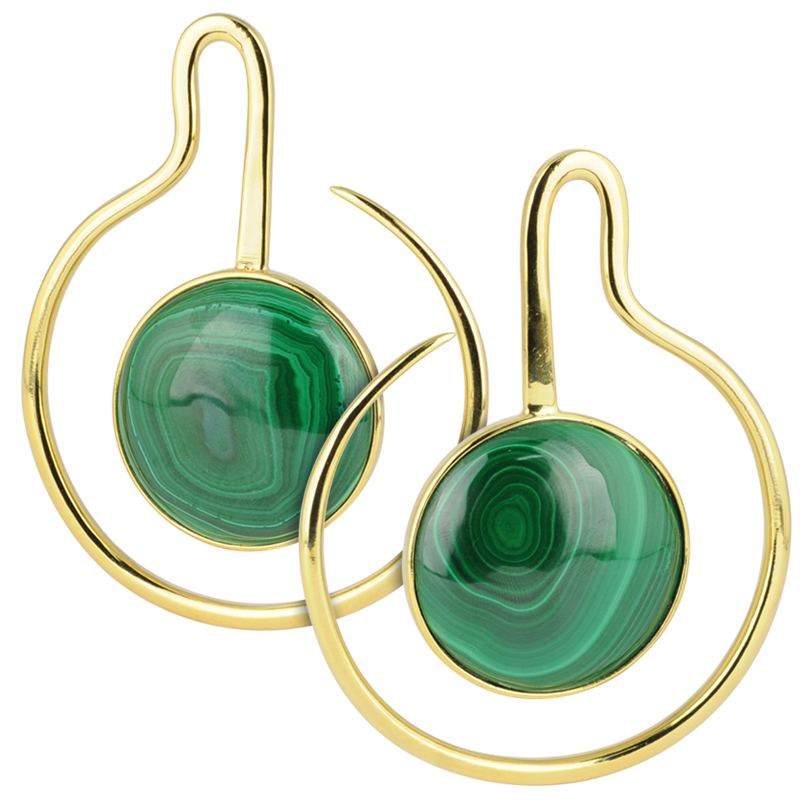 Yellow Brass Hoop Earrings with Round Malachite Cabochon (Price for Pair) Pendenti da Orecchio