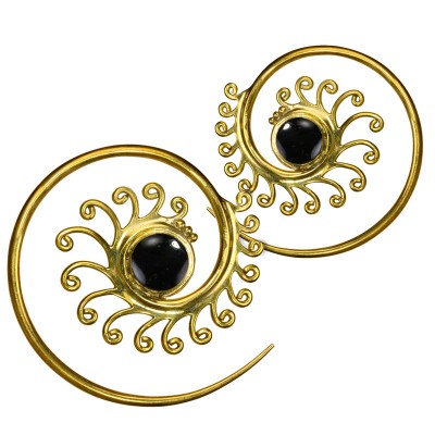 Brass Spiral Earrings with Onyx (price for pair) Gioielli da lobo in ottone