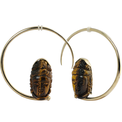 Large Brass Hoops with Tiger Eyes Shiva Mask (price for pair) Orecchini in ottone