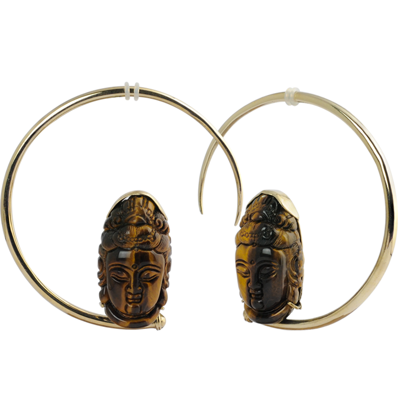 Large Brass Hoops with Tiger Eyes Shiva Mask (price for pair) Orecchini in ottone