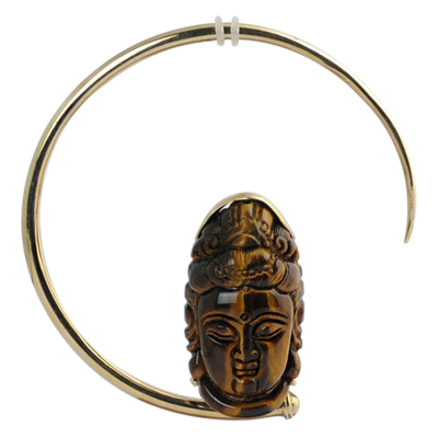 Large Brass Hoops with Tiger Eyes Shiva Mask (price for pair) Orecchini in ottone