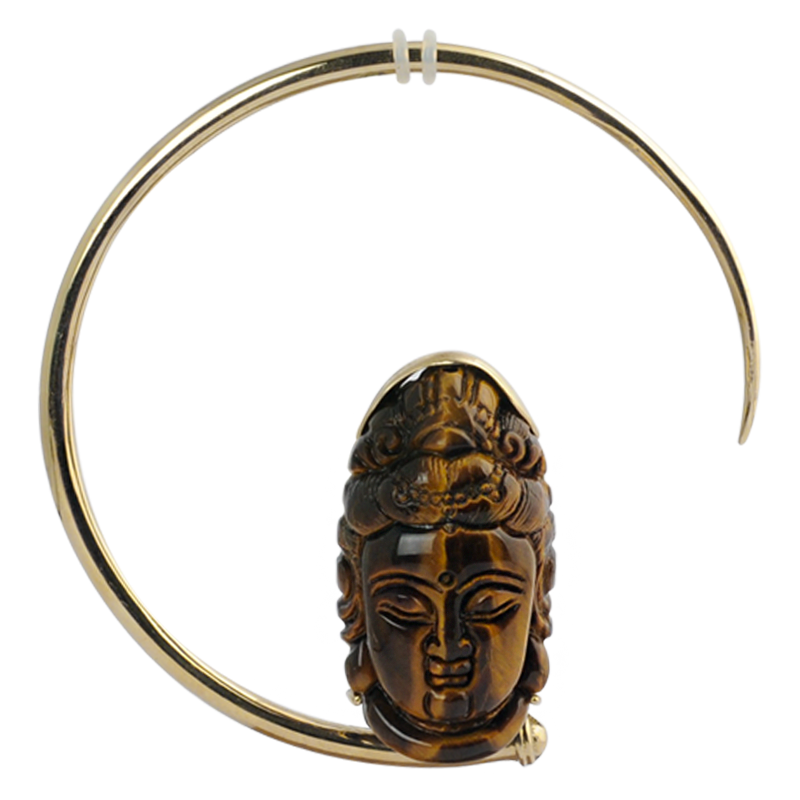 Large Brass Hoops with Tiger Eyes Shiva Mask (price for pair) Orecchini in ottone