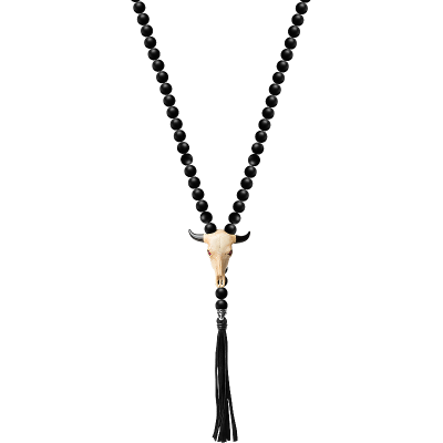 Matte Onyx Rosary Necklace w. Bone Buffalo Skull Pendant (80cm) Collane e Pendenti