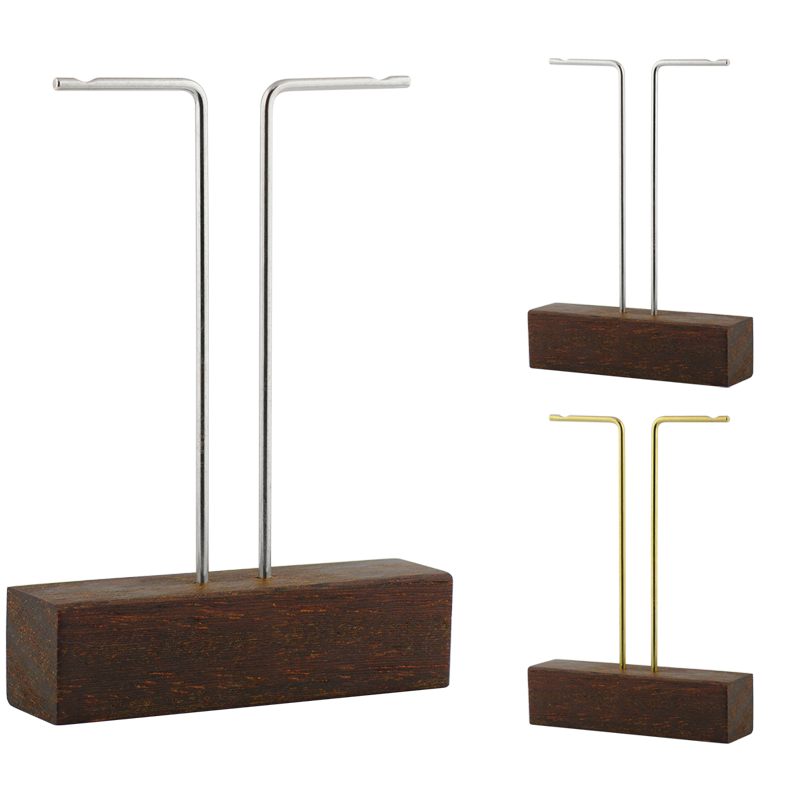 Steel and Brass Earrings Display with Azobè Wood Base Espositori gioielleria